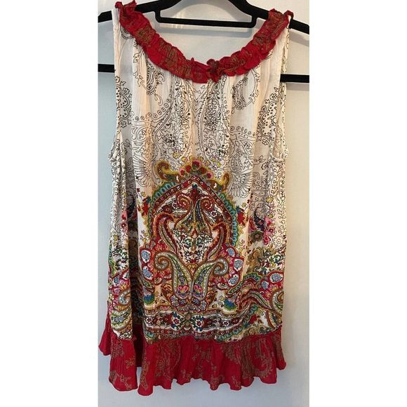 Bila Boho Sleeveless Tunic Top Size Small Tassel Peasant Red Cream Multicolored - Picture 2 of 6